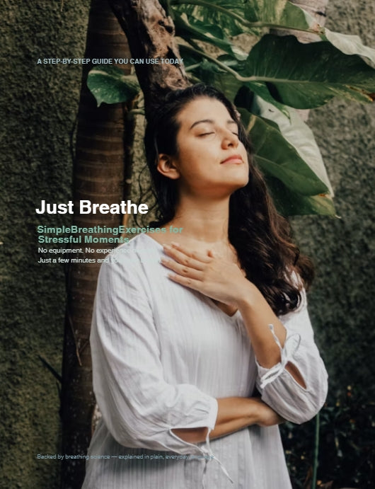 "Just Breathe" with the subtitle "Simple Breathing Exercises for Stressful Moments"